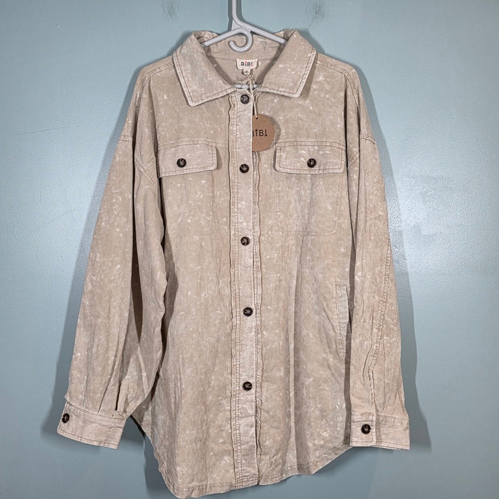 BIBI Women XL Tan Acid Wash Corduroy Shacket Button Down Pocket Jacket IP4500-01